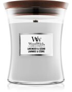 Woodwick Lavender & Cedar lumânare parfumată cu fitil din lemn 275 g