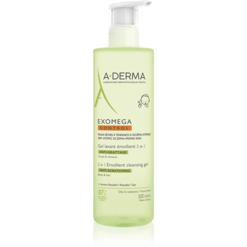 A-Derma Exomega Control 2 in 1 emollient cleansing gel gel de duș pentru piele uscata spre atopica 500 ml