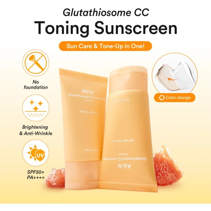 Abib Glutathiosome CC Sunscreen Toning Tube fluid protector tonifiant pentru față cu efect iluminator SPF 50+ 50 ml