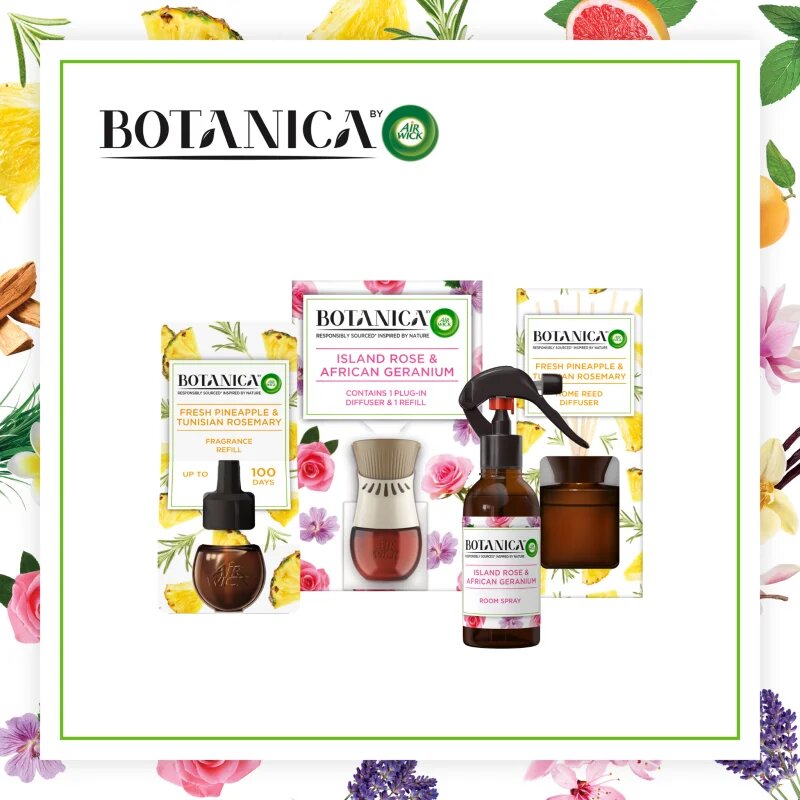 Air Wick Botanica Island Rose & African Geranium lumânare parfumată cu aromă de trandafiri 205 g