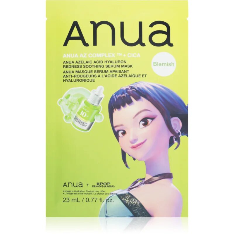 Anua K-Pop Demon Hunters Azelaic Acid Hyaluron Redness Soothing Serum Mask mască textilă calmantă cu efect de hidratare 23 ml