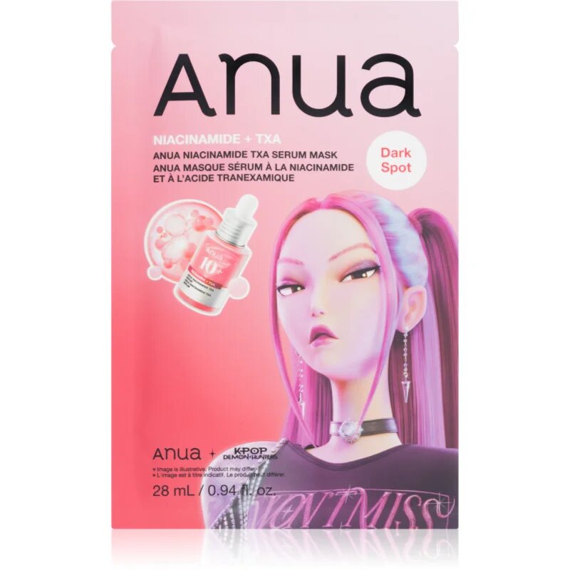 Anua K-Pop Demon Hunters Niacinamide TXA Serum Mask mască textilă iluminatoare cu efect de hidratare 28 ml