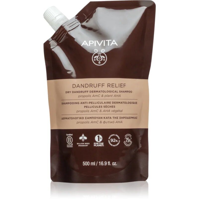 Apivita Dandruff Relief Dry Dandruff Dermatological Shampoo sampon anti-matreata pentru un scalp uscat atenueaza senzatia de mancarime Refill 500 ml