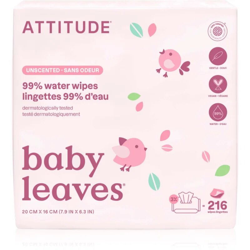 Attitude Baby Leaves Water Wipes Șervețele umede fara parfum 3x72 buc