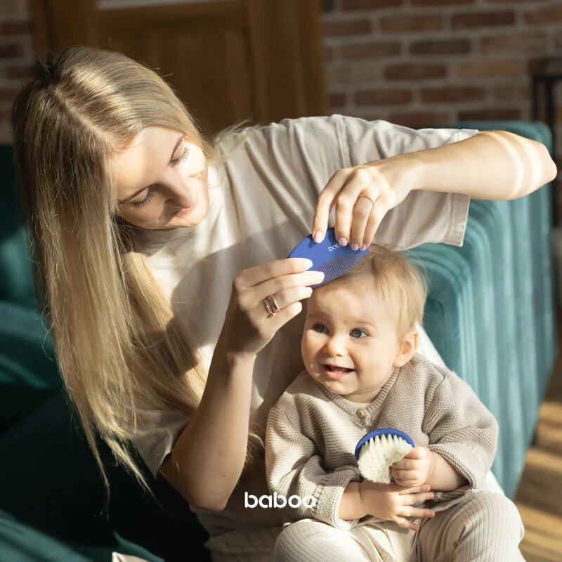 Baboo Baby Hair Brush and Comb Set set pentru păr pentru nou-nascuti si copii Blue Haze 2 buc