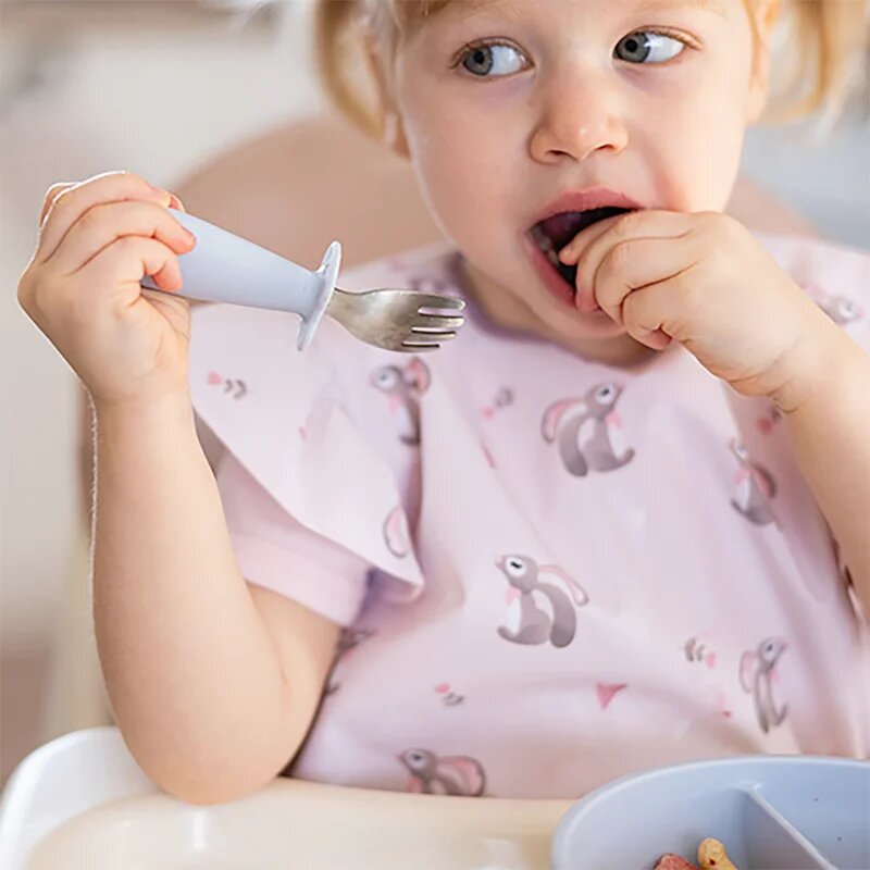 BabyOno Be Active Stainless Steel Spoon and Fork tacâmuri pentru copii Beige 12m+ 2 buc