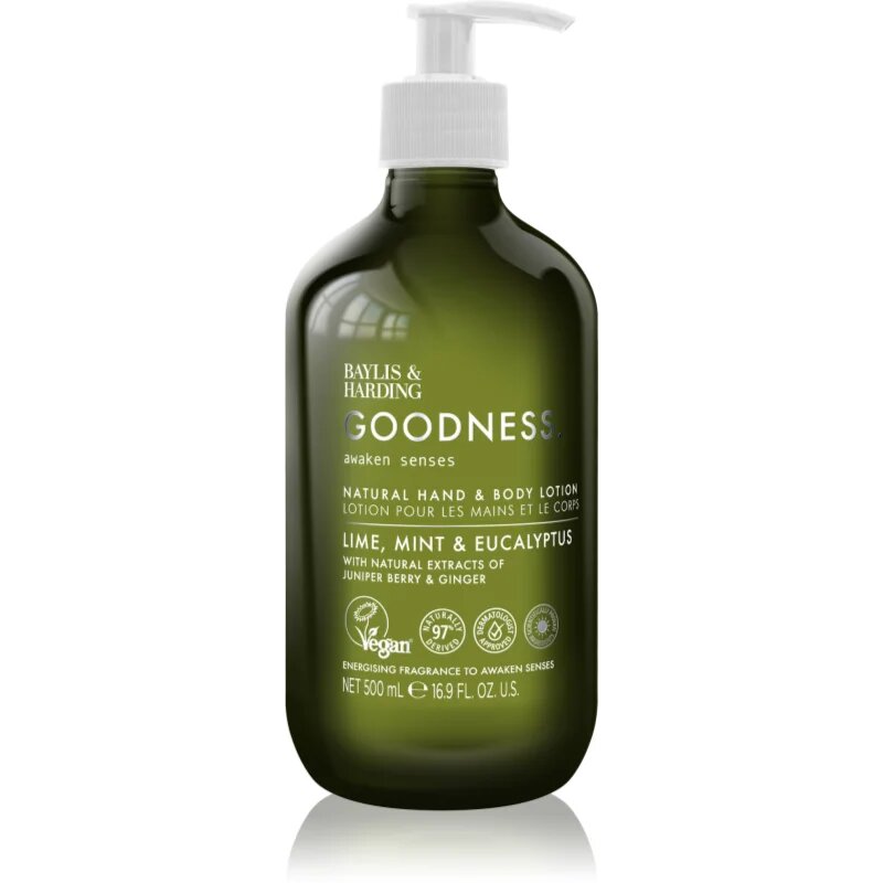 Baylis & Harding Goodness Awaken Senses Lapte de mâini și de corp cu efect revigorant parfum Lime Mint & Eucalyptus 500 ml