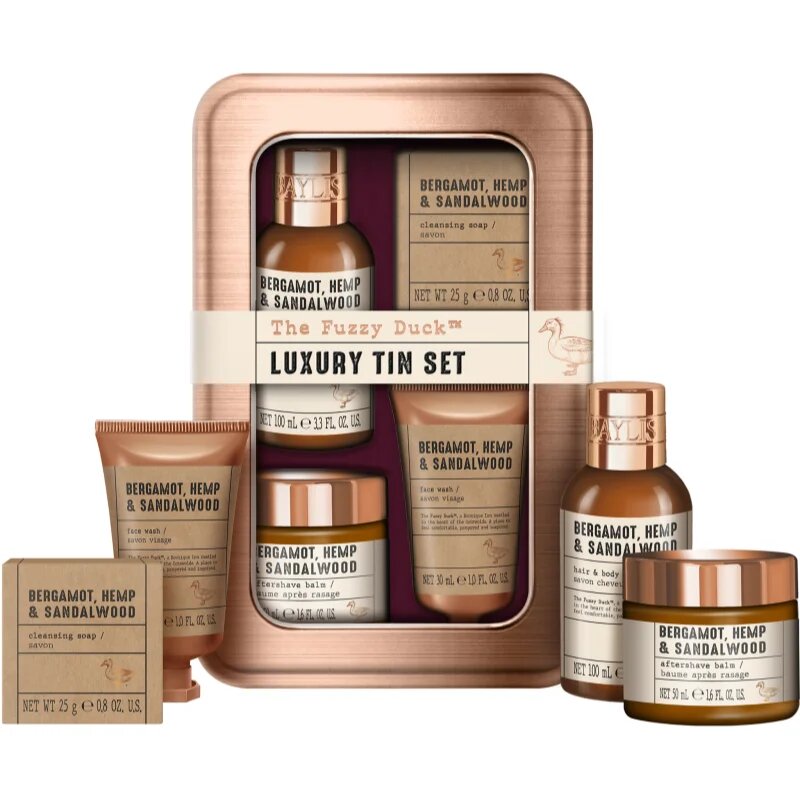Baylis & Harding The Fuzzy Duck Bergamot Hemp & Sandalwood set cadou cutie de metal