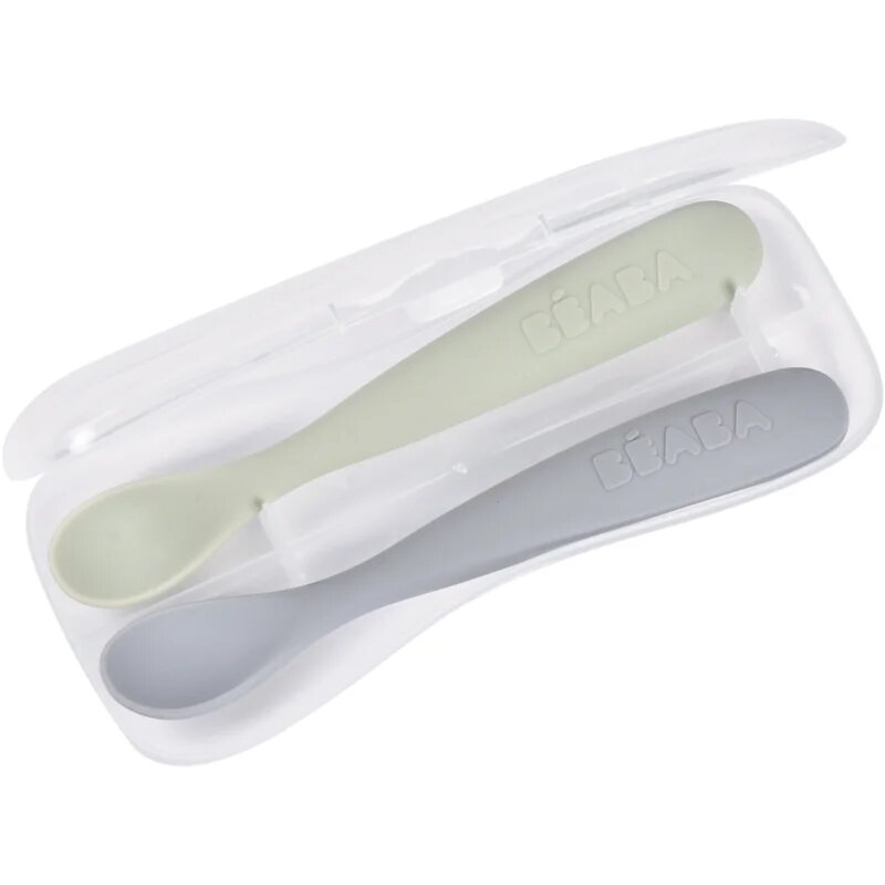 Beaba Set of 2 Ergonomic Spoons linguriță cu sac Pebble Green 4m+ 2 buc
