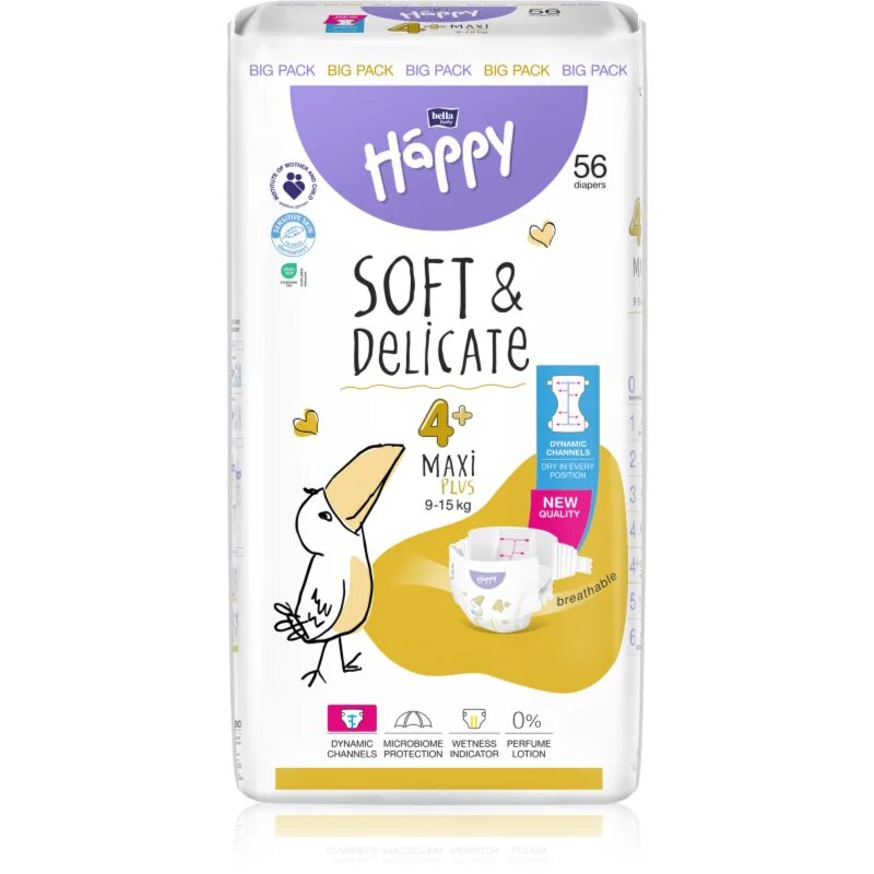 BELLA Baby Happy Soft&Delicate scutece de unică folosință cu canale Maxi Plus 9-15 kg 56 buc
