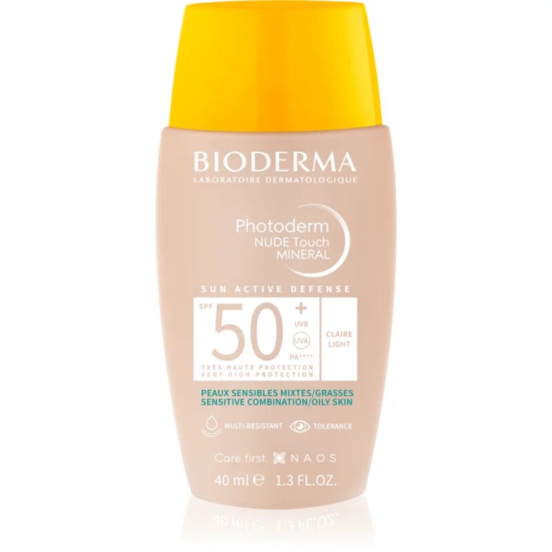 Bioderma Photoderm Nude Touch fluid tonifiant de protecție pentru piele mixtă și grasă SPF 50+ culoare Light Colour 40 ml