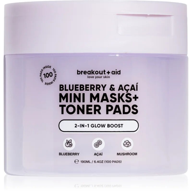 breakout + aid Mini Masks+Toner Pads Bluberry & Acai dischete de tonifiere pentru luminozitate si hidratare 100 ml