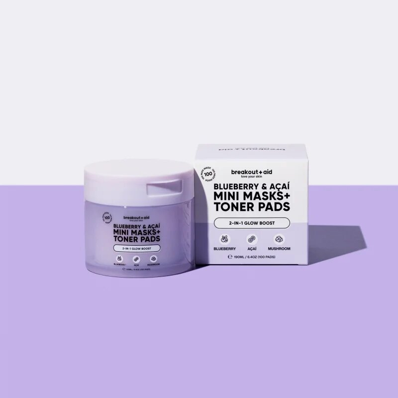 breakout + aid Mini Masks+Toner Pads Bluberry & Acai dischete de tonifiere pentru luminozitate si hidratare 100 ml