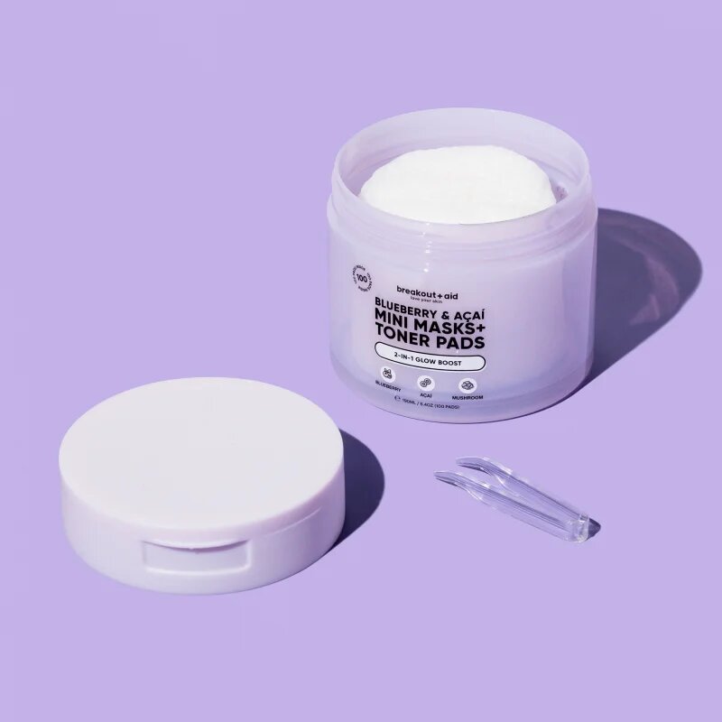 breakout + aid Mini Masks+Toner Pads Bluberry & Acai dischete de tonifiere pentru luminozitate si hidratare 100 ml