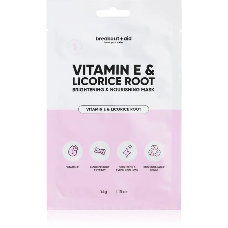 breakout + aid Vitamin E & Licorice Root mască textilă iluminatoare cu vitamina E 34 buc