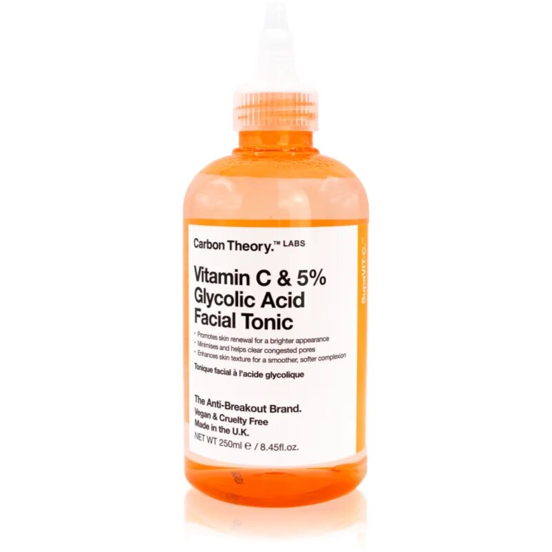 Carbon Theory SupaVIT-C 5% Glycolic & Vitamin C solutie tonica cu efect de iluminare împotriva acneei a roșeții și a cicatricilor post-acnee 250 ml