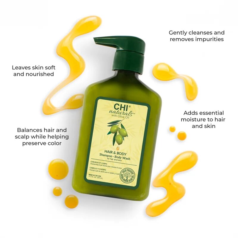 CHI Olive Naturals Hair & Body Shampoo gel de duș și șampon cu ulei de masline 2in1 340 ml