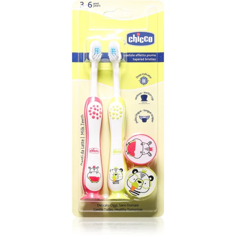 Chicco Toothbrush Set 3-6 y+ periuță de dinți pentru copii cu suport Hippo-Panda