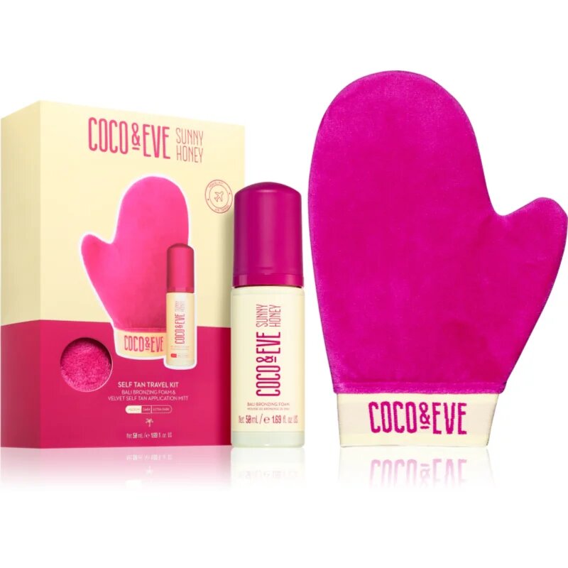 Coco & Eve Sunny Honey Ultimate Glow Travel Kit spumă auto-bronzantă cu mănușă aplicatoare pachet pentru calatorie Medium 50 ml