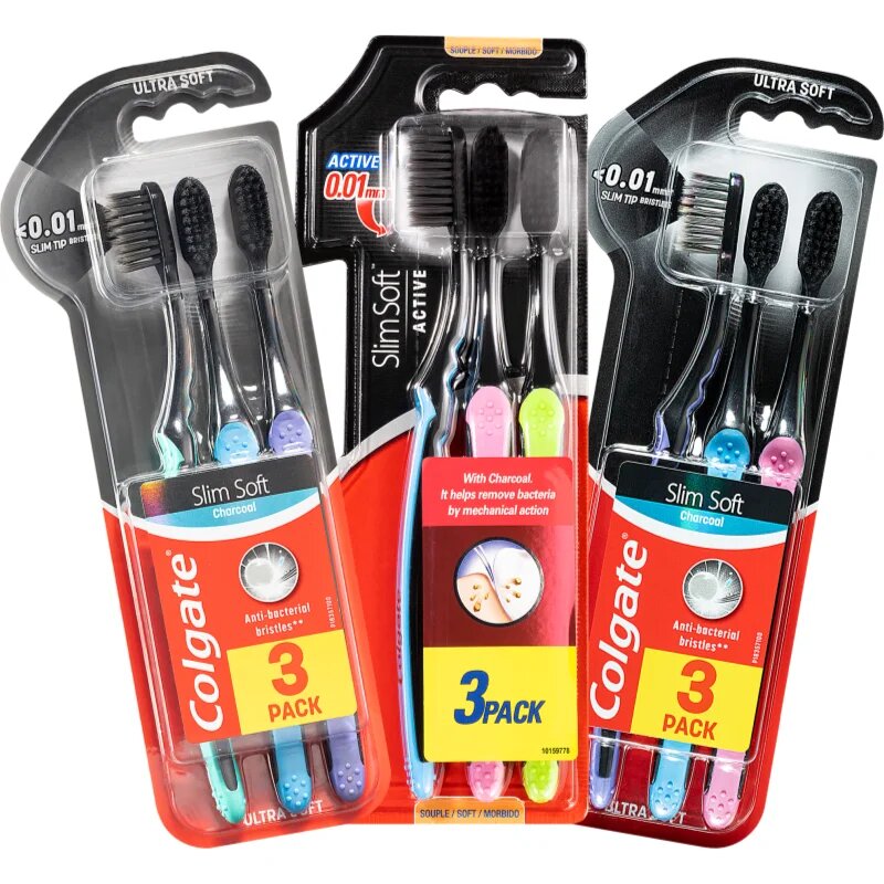 Colgate Slim Soft Active Periuțe de dinți moi cu cărbune activ 3 buc