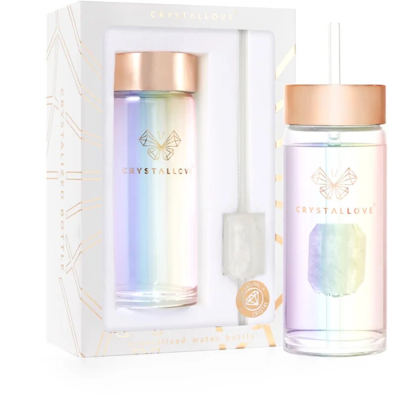 Crystallove Clear Quartz Straw Water Bottle sticlă pentru apă cu pai Hologram 400 ml