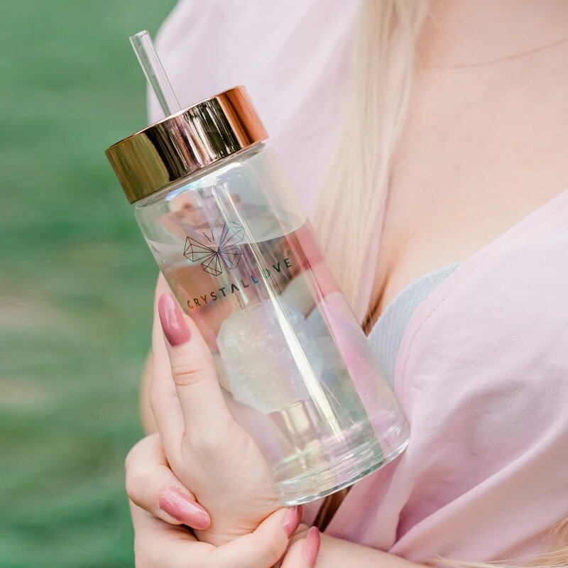 Crystallove Clear Quartz Straw Water Bottle sticlă pentru apă cu pai Hologram 400 ml