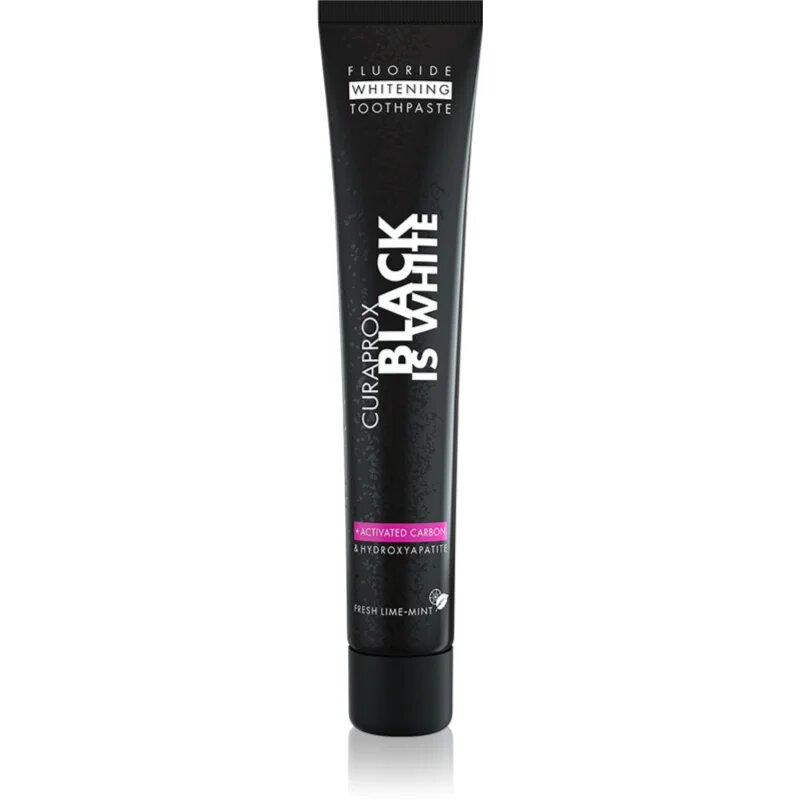 Curaprox Black is White pastă de dinți pentru albire cu cărbune activ și hidroxiapatită aroma Fresh Lime-Mint 90 ml