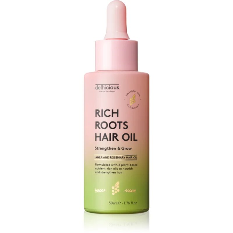 delhicious RICH ROOTS AMLA & ROSEMARY HAIR OIL ulei hidratant si catifelant pentru un scalp uscat atenueaza senzatia de mancarime 50 ml