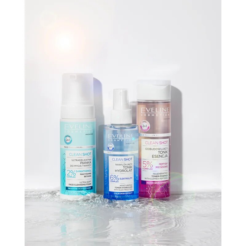 Eveline Cosmetics Clean Shot 2% Panthenol Complex demachiant spumant delicat cu efect calmant 150 ml