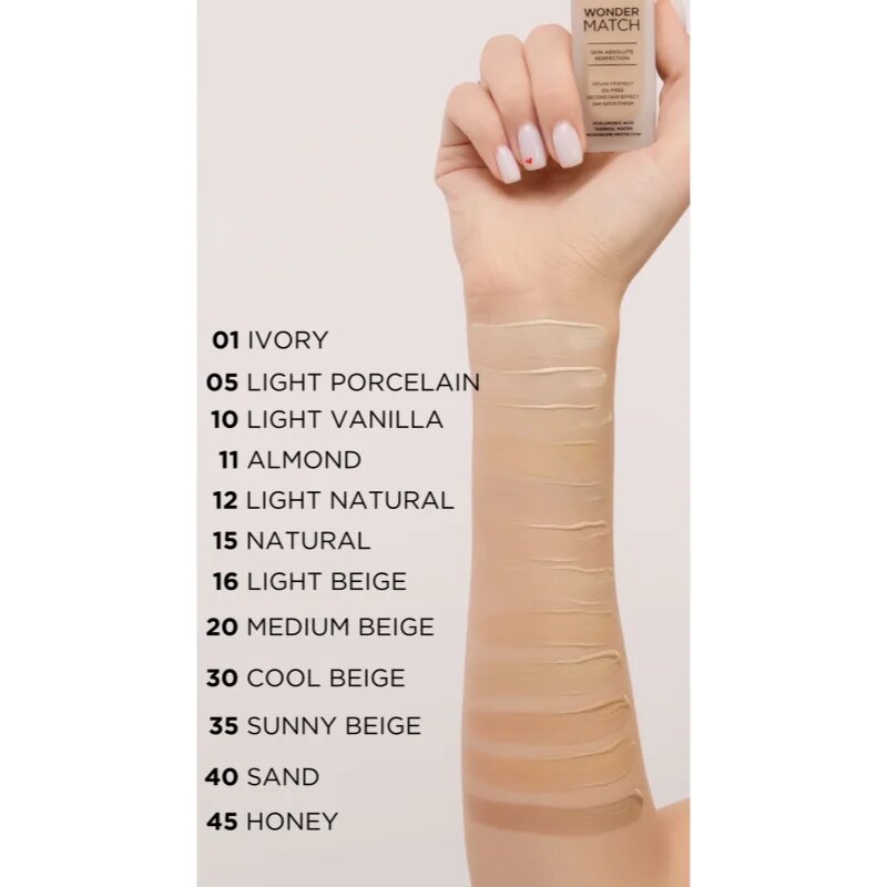 Eveline Cosmetics Wonder Match fard lichid de lunga durata cu acid hialuronic culoare 35 Sunny Beige 30 ml