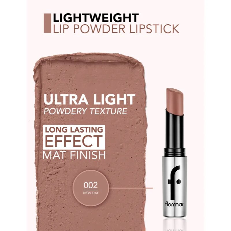 flormar Lightweight Lip Powder Lipstick ruj cu persistență îndelungată cu efect mat culoare 002 New Day 3 g