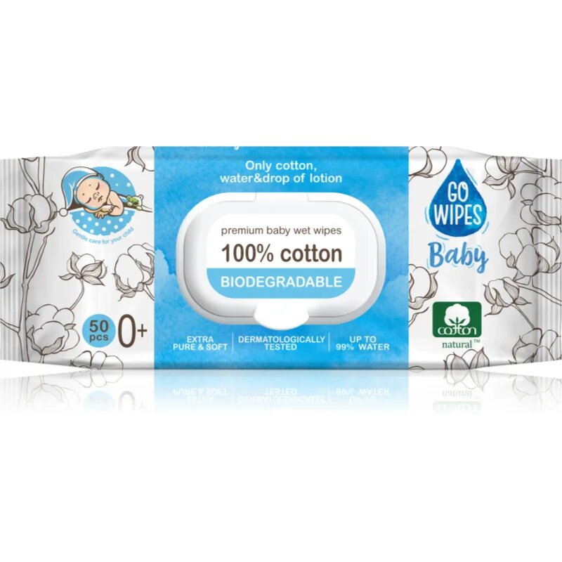 GoWipes Baby 100% Cotton Biodegradable servetele delicate pentru copii pentru piele sensibila 0+ 50 buc