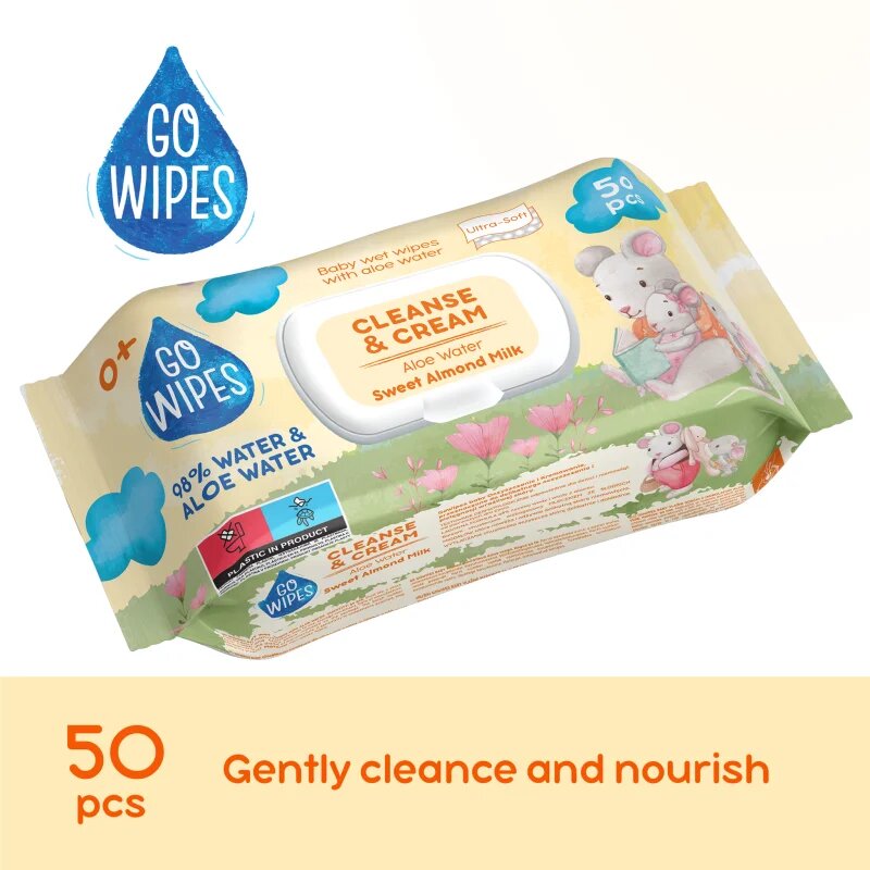 GoWipes Cleanse & Cream Sweet Almond Milk servetele delicate pentru copii pentru piele sensibila aloe vera 0+ 50 buc
