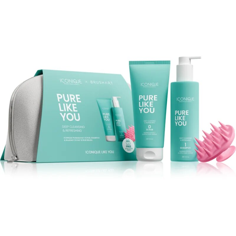 ICONIQUE Professional PURE LIKE YOU Set Shampoo 250 ml Scrub 200 ml BrushArt Massage Brush set cadou pentru par si scalp