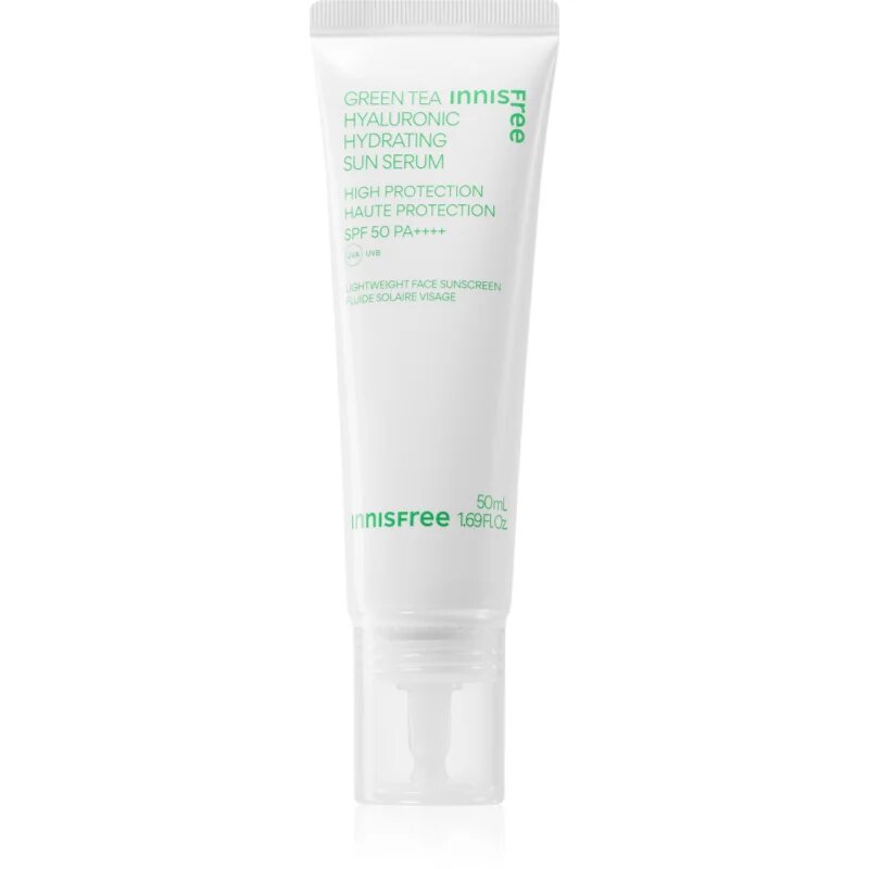 innisfree Green Tea Hyaluronic Sun Serum crema fluida hidratanta cu efect calmant SPF 50+ 50 ml