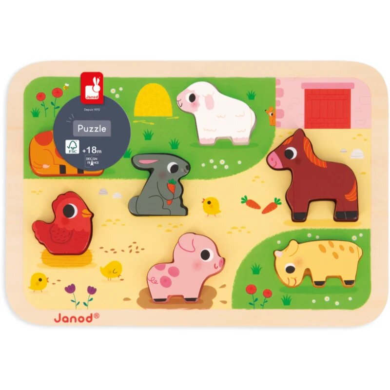 Janod Chunky Farm Puzzle jucărie interactivă cu piese care se pot insera 18m+ 7 buc