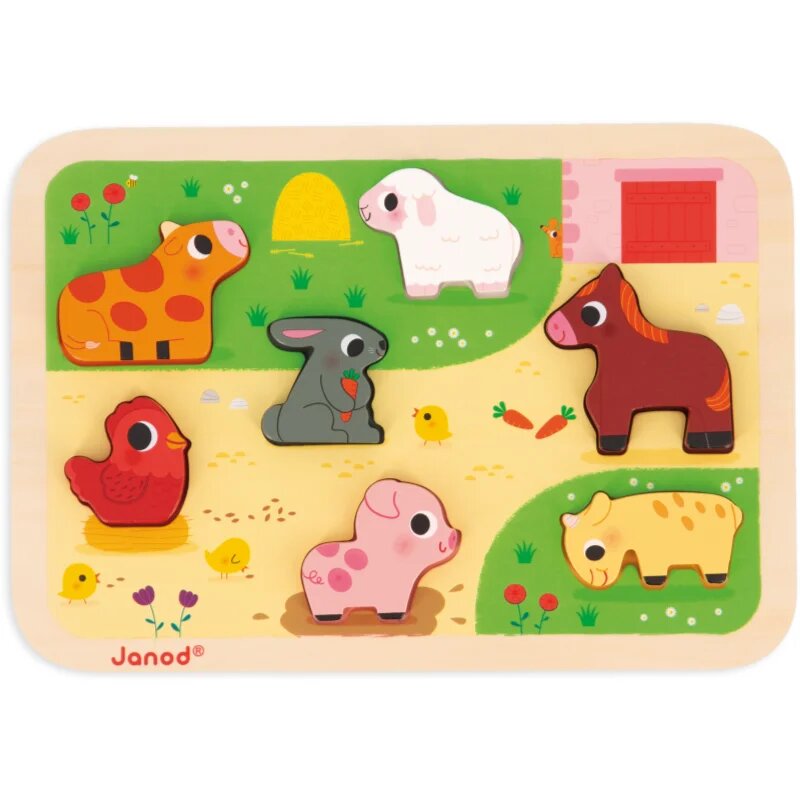 Janod Chunky Farm Puzzle jucărie interactivă cu piese care se pot insera 18m+ 7 buc