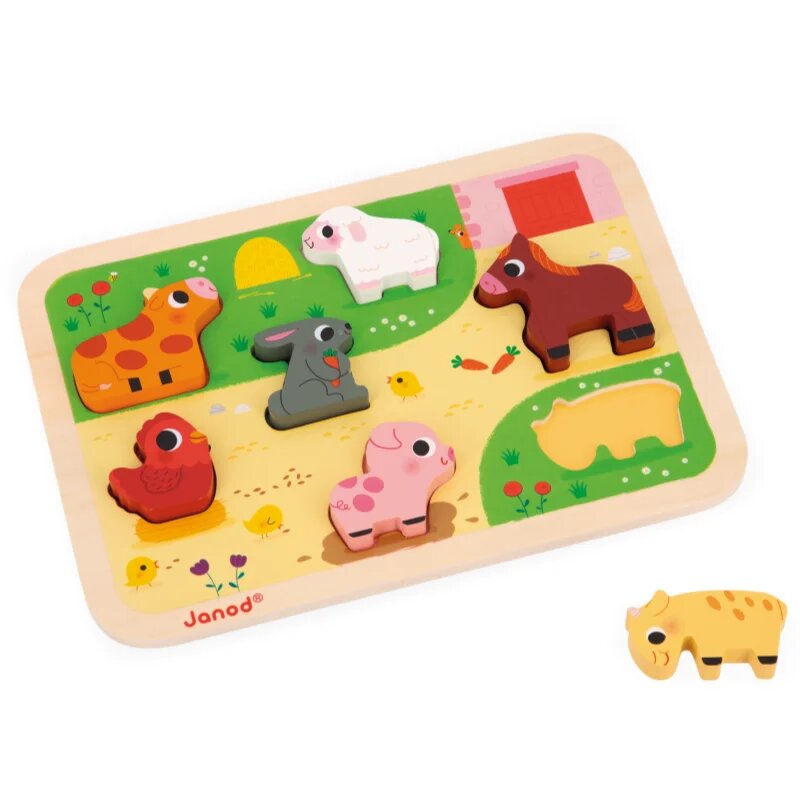 Janod Chunky Farm Puzzle jucărie interactivă cu piese care se pot insera 18m+ 7 buc