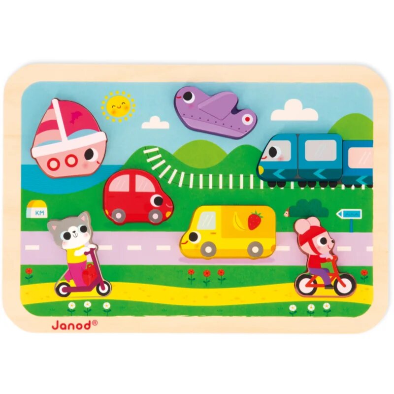 Janod Chunky Puzzle Vehicles jucărie interactivă cu piese care se pot insera 18m+ 7 buc