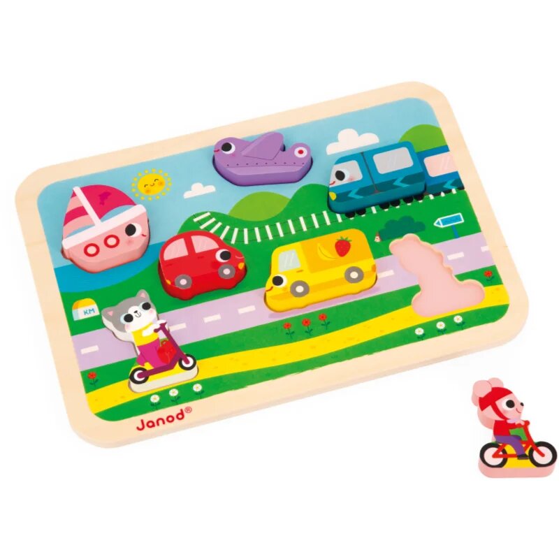 Janod Chunky Puzzle Vehicles jucărie interactivă cu piese care se pot insera 18m+ 7 buc