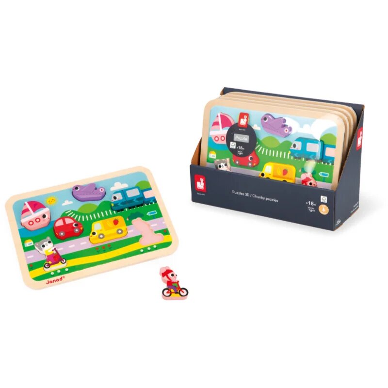 Janod Chunky Puzzle Vehicles jucărie interactivă cu piese care se pot insera 18m+ 7 buc
