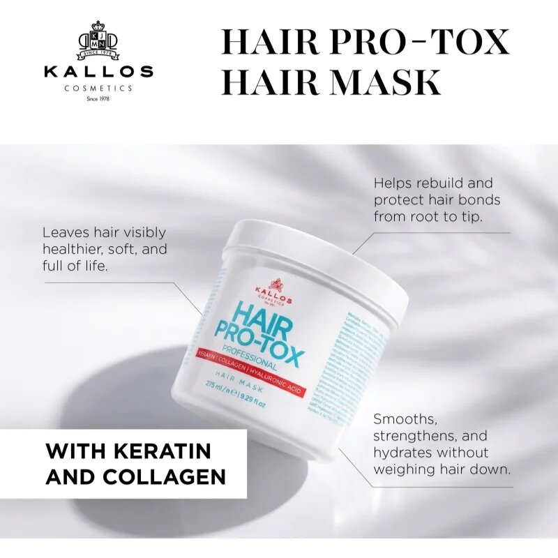 Kallos Hair Pro-Tox Masca pentru par deteriorat cu ulei de cocos acid hialuronic si colagen 275 ml