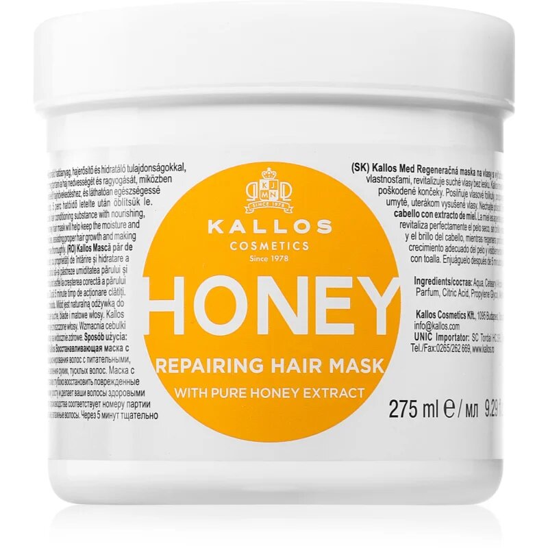 Kallos KJMN Professional Honey masca pentru hidratare intensa pentru păr uscat și deteriorat 275 ml
