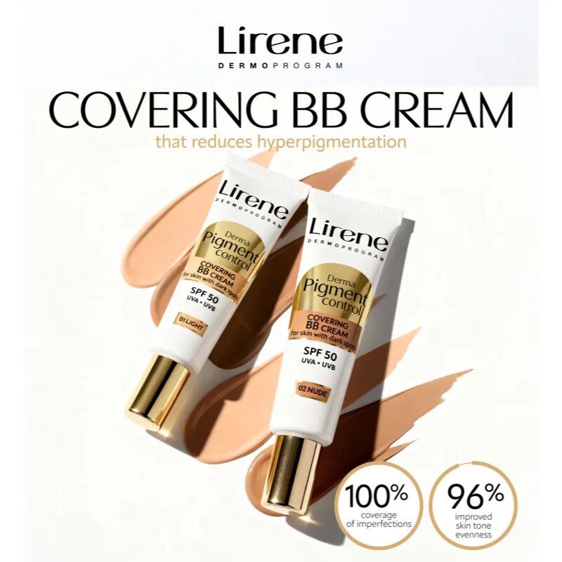 Lirene Derma Pigment Control Covering BB Cream SPF 50 Creama BB impotriva petelor ce ofera stralucire culoare 02 Nude 30 ml