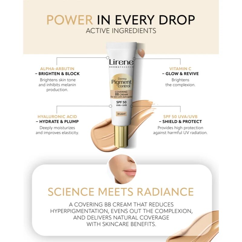 Lirene Derma Pigment Control Covering BB Cream SPF 50 Creama BB impotriva petelor ce ofera stralucire culoare 02 Nude 30 ml
