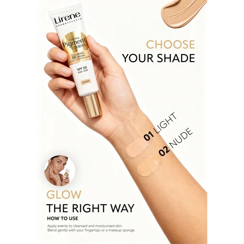 Lirene Derma Pigment Control Covering BB Cream SPF 50 Creama BB impotriva petelor ce ofera stralucire culoare 02 Nude 30 ml