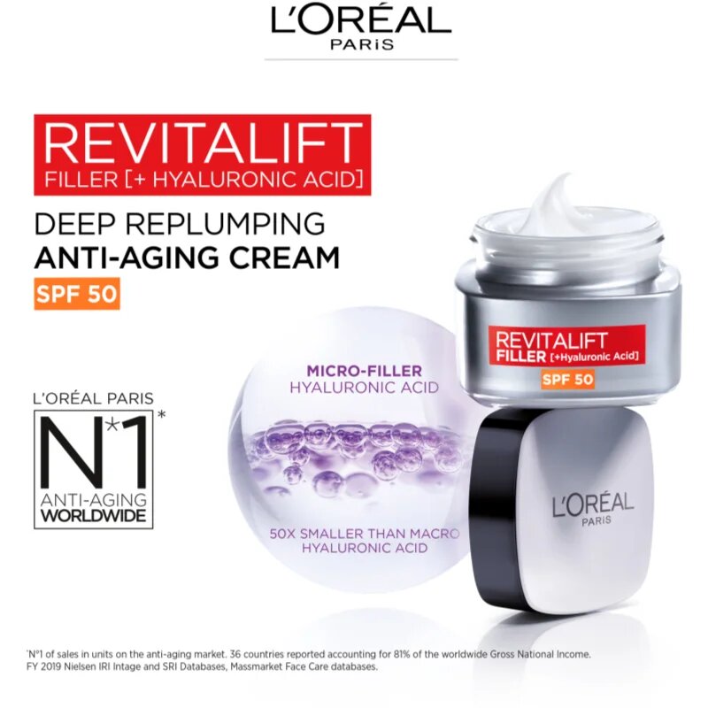 L’Oréal Paris Revitalift Filler crema de zi regeneratoare anti-îmbătrânire SPF 50 50 ml
