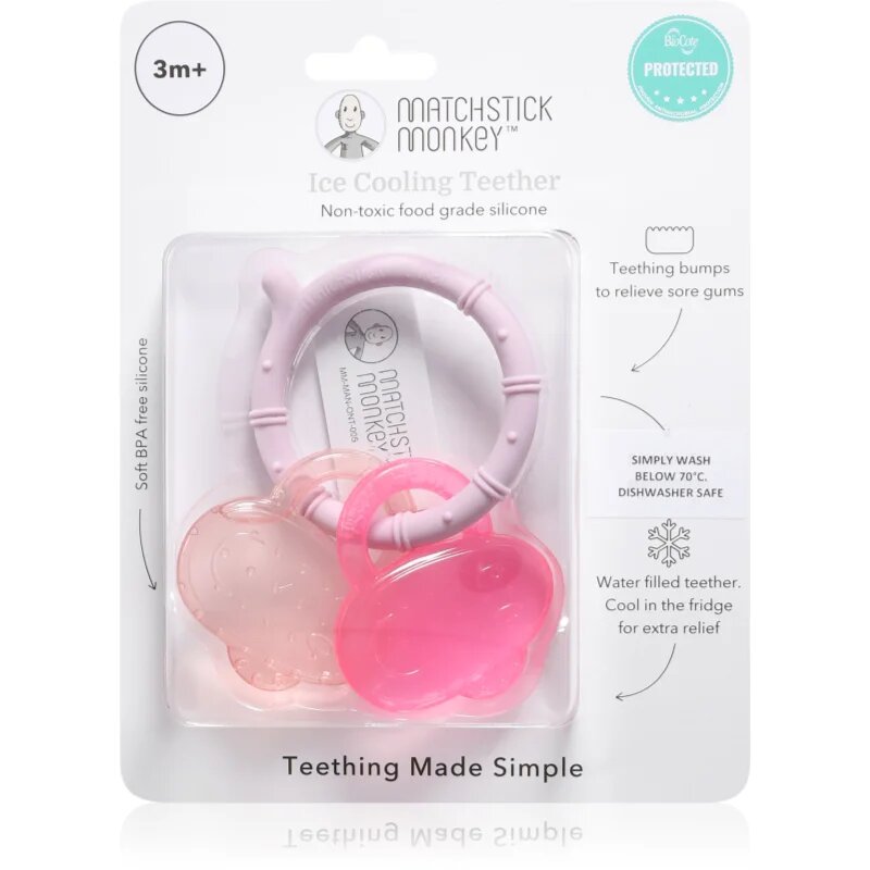 Matchstick Monkey Cooling Teether jucărie pentru dentiție cu efect racoritor Pink/ Dusty Pink 3m+ 1 buc