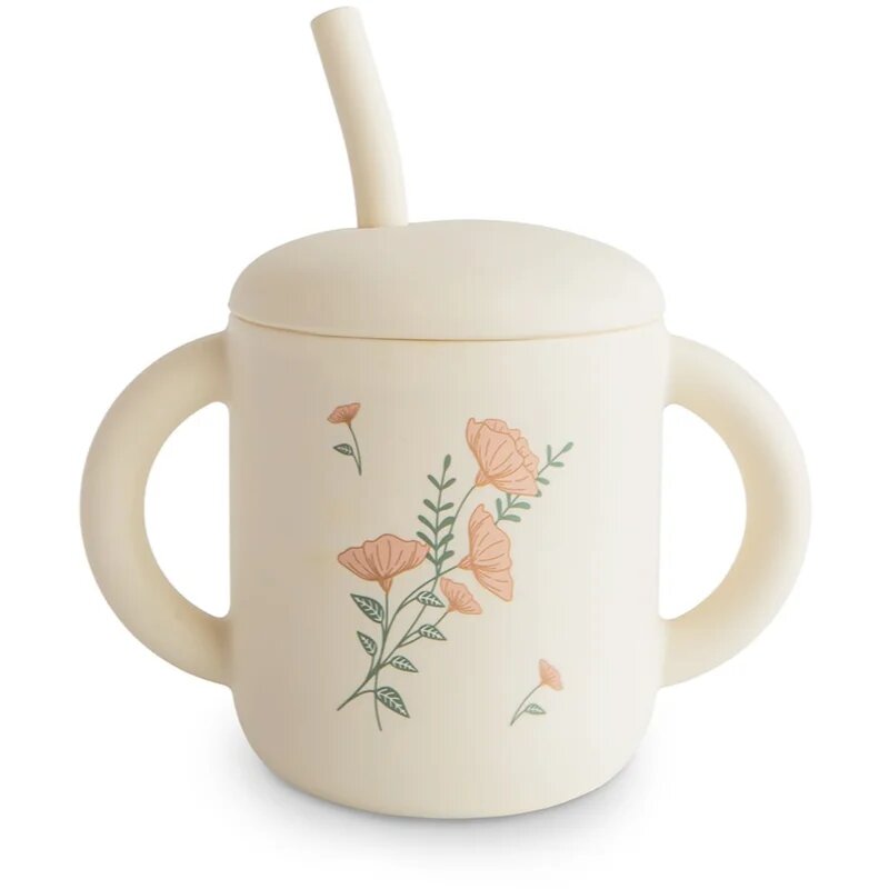Mushie Silicone Training Cup Pink Flowers ceasca cu pai 1 buc