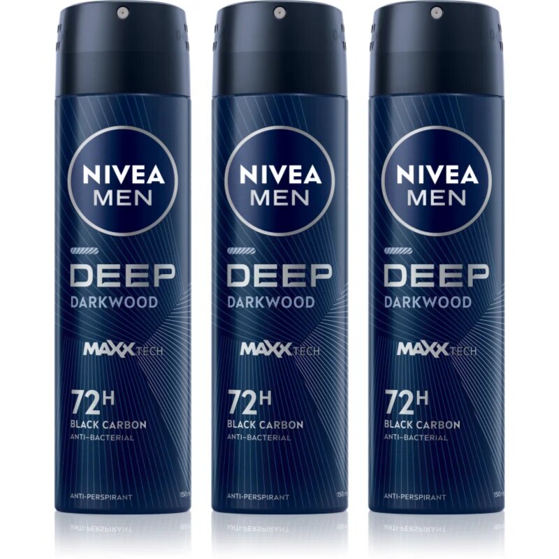 Nivea MEN Deep Black Carbon Darkwood spray anti-perspirant ambalaj economic pentru bărbați 3 x 150 ml